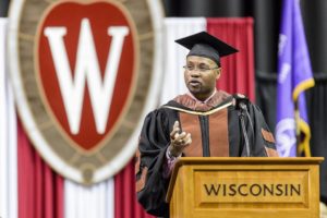 Vice Provost & Chief Diversity Officer Patrick Sims brings important points on strength through diversity at the Fall 2017 the Convocation.  Photo by Bryce Richter.