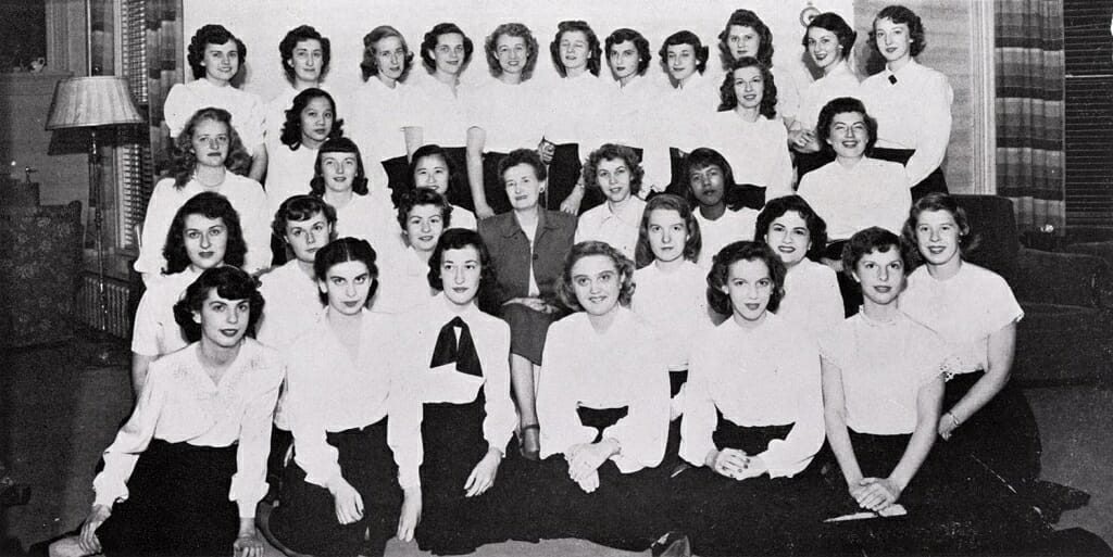 The residents of Langdon Manor, a housing group for female artists and writers, ca. 1949. Before Lorraine Hansberry (third row) could move in, she had to come to dinner with the current residents, who would then vote on whether she could live with them. The vote was unanimous in her favor. UW ARCHIVES