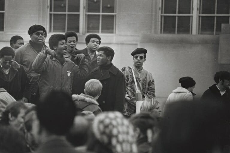 Some of the leaders of the Black Student Strike of 1969 gather to speak at a rally. UW-MADISON ARCHIVES