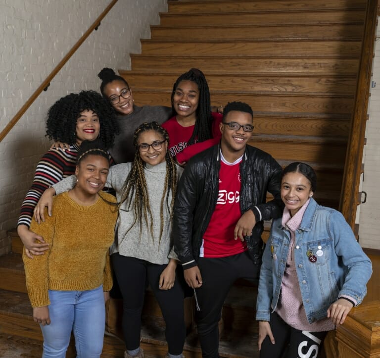 Ten UW–Madison student journalists conducted a majority of the interviews for the oral history of the Black Student Strike of 1969. Back row from left, Breanna Taylor, Shiloah Coley, Enjoyiana Nururdin; front row from left, Alexandria Millet, Summer Mitchell, Nile Lansana, Chelsea Hylton. Not pictured: Fatoumata Ceesay, Trinity Cross, Kingsley Pissang. PHOTO BY ANDY MANIS
