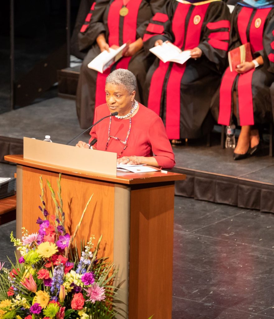 Linda Pitts ('78) speaks to the 2019 DDEEA graduates.