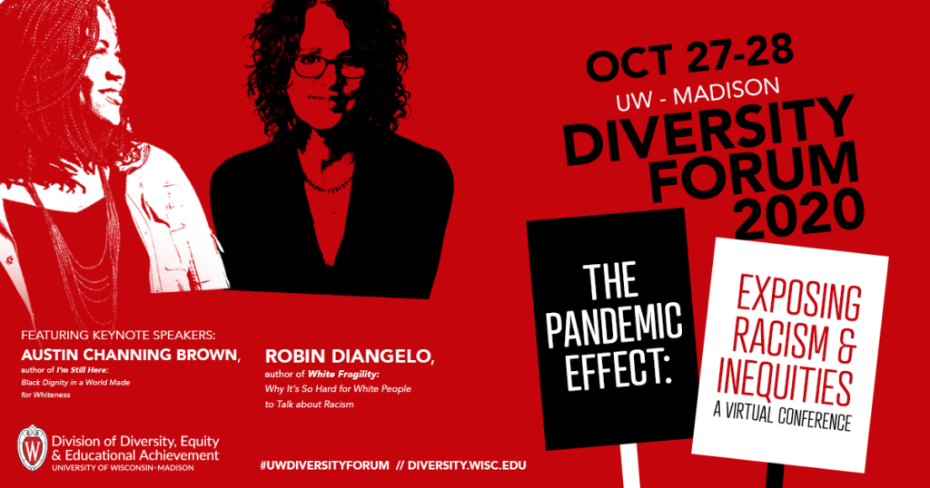 Poster for the 2020 UW–Madison Diversity Forum featuring illustrated picket signs with the title