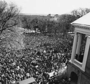 People gather by the thousands on Bascom Hill when Martin Luther King, Jr. was assassinated in 1968. UW Archives Photo