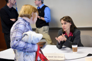 Van Orman talks with the parent of a student at a Parents’ Weekend event at the Pyle Center in 2011. PHOTO: JEFF MILLER