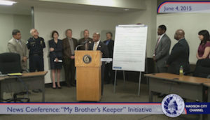 WCER Executive Director Prof. Jerlando Jackson and Madison Mayor Paul Soglin announce the local  intiative of "My Brother's Keeper." 