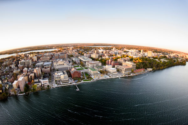 Aerial photograph of Lake Mendota and the UW–Madison campus