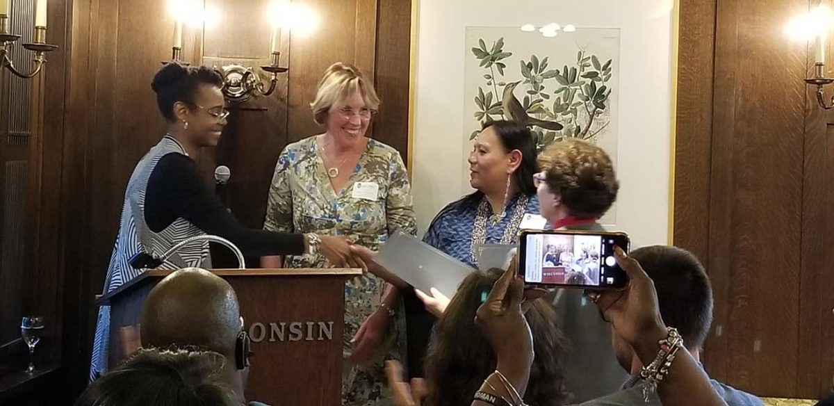 Every year, the UW-Madison recognizes exemplary partnerships that embody the WI Idea of university-community collaboration. This year, Earth Partnership Indigenous Arts and Sciences was one of seven projects across the entire campus that was selected for this honor. Dr. Earlise Ward (School of Nursing and Morgridge Center for Public Service Director) and Chancellor Rebecca Blank presented the awards at the Chancellor’s home on June 26.
