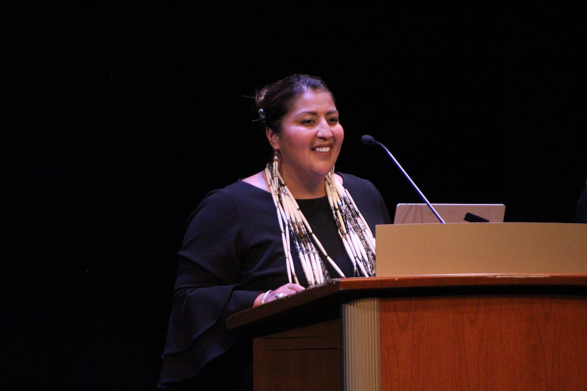 Samantha Skenandore, a former associate justice for the Ho-Chunk Nation Supreme Court, spoke to about 1,000 people at Shannon Hall in Memorial Union as part of the Wisconsin Union Directorate’s Distinguished Lecture Series. PHOTO BY AMANDA HALZEL