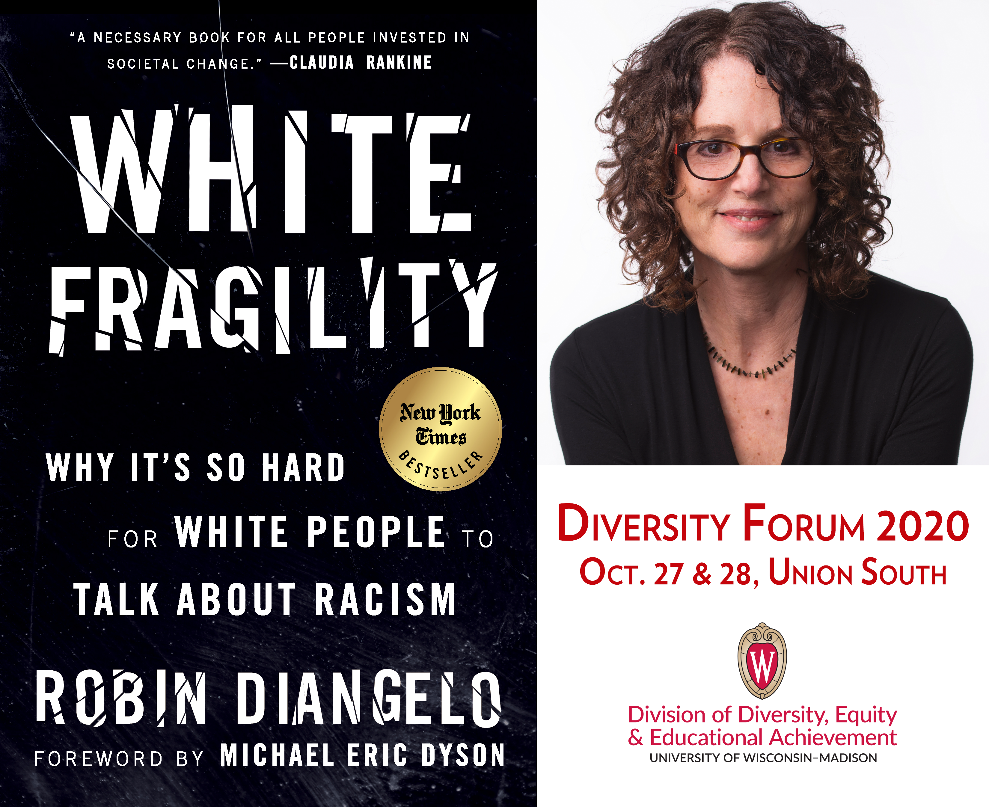 graphic featuring the book cover for "White Fragility" along with a headshot of the author, Robin DiAngelo