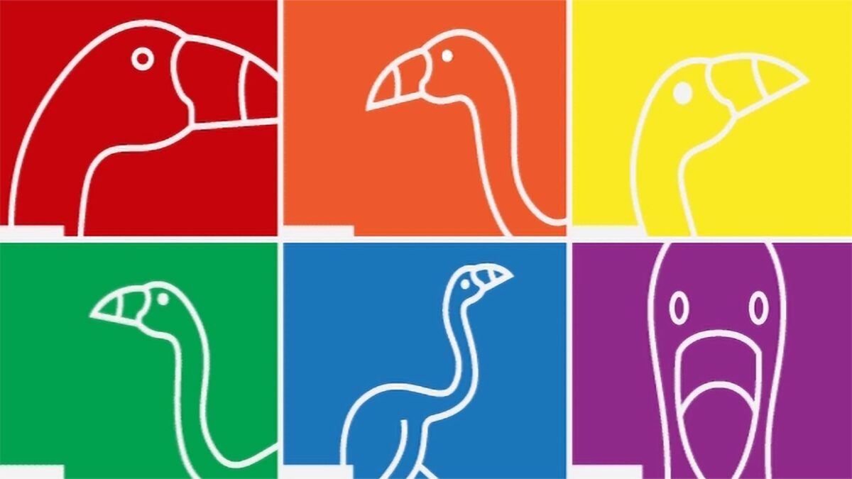 Illustration of flamingoes with six squares in rainbow colors arranged in a grid.