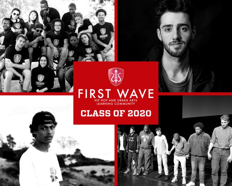 A graphic showing black and white photos of graduating scholars from the First Wave program