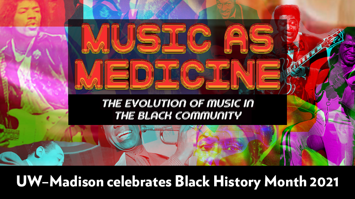 A poster for Black History Month that illustrates a medicine bottle filled with a colorful collage of cutout images of popular Black musicians being poured into a spoon. The title is "Music as Medicine: Music as Medicine: Evolution of Music in the Black Community."