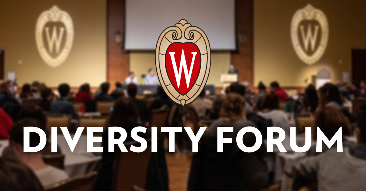 The UW crest and bold white letters reading "DIVERSITY FORUM" are overlaid on a blurred image of a conference in a large room.