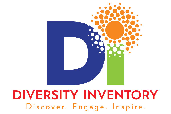 Logo for the Diversity Inventory featuring a navy blue, green and orange depiction of the letters "DI" and the tagline "Discover. Engage. Inspire."