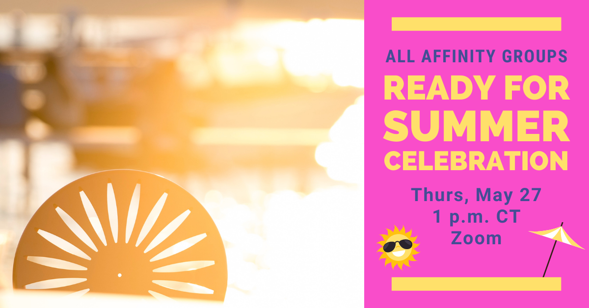 Graphic showing a picture of a Wisconsin Union Terrace sunburst chair with the pier an sunset in the background. A pink banner with yellow text has event details written on it.