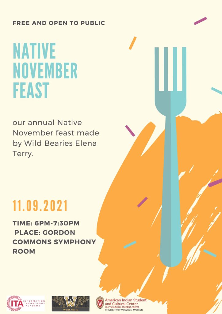 Poster for the Native November Feast event with a drawing of a blue fork on a yellow and orange background. 
