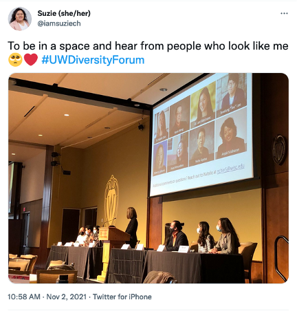 Screenshot of a tweet from Suzie with a photo from the Diversity Forum with the caption "To be in a space and hear from people who look like me 🥺❤️"