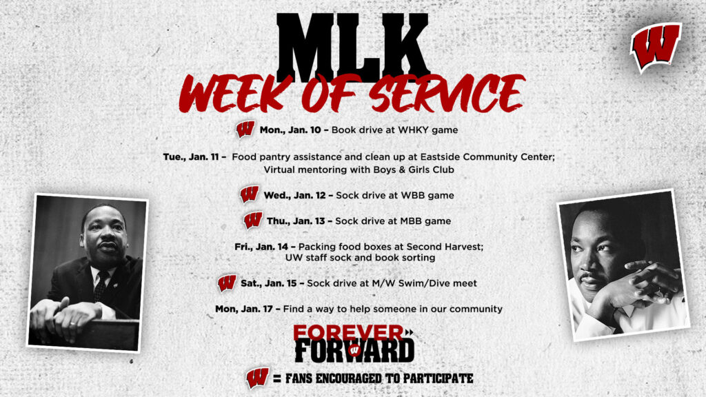 Graphic listing "MLK Week of Service" events from the Wisconsin Badgers. Find details at the link in the post.