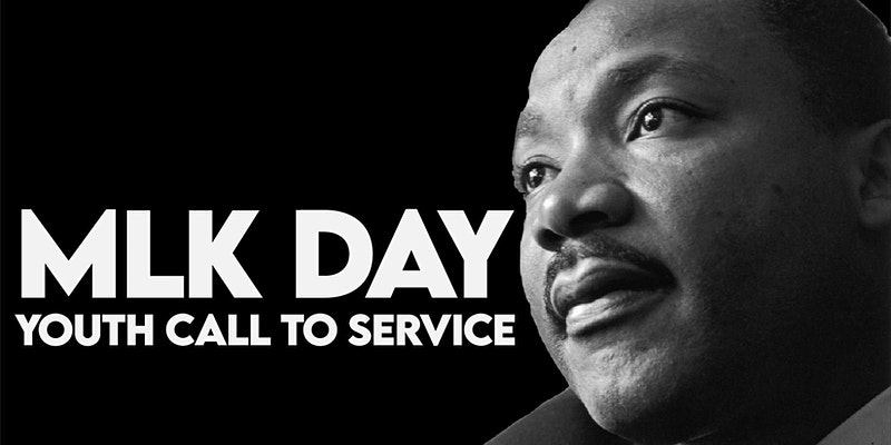 Martin Luther King's face with a black background and white letters reading "MLK Day Youth Call to Service"