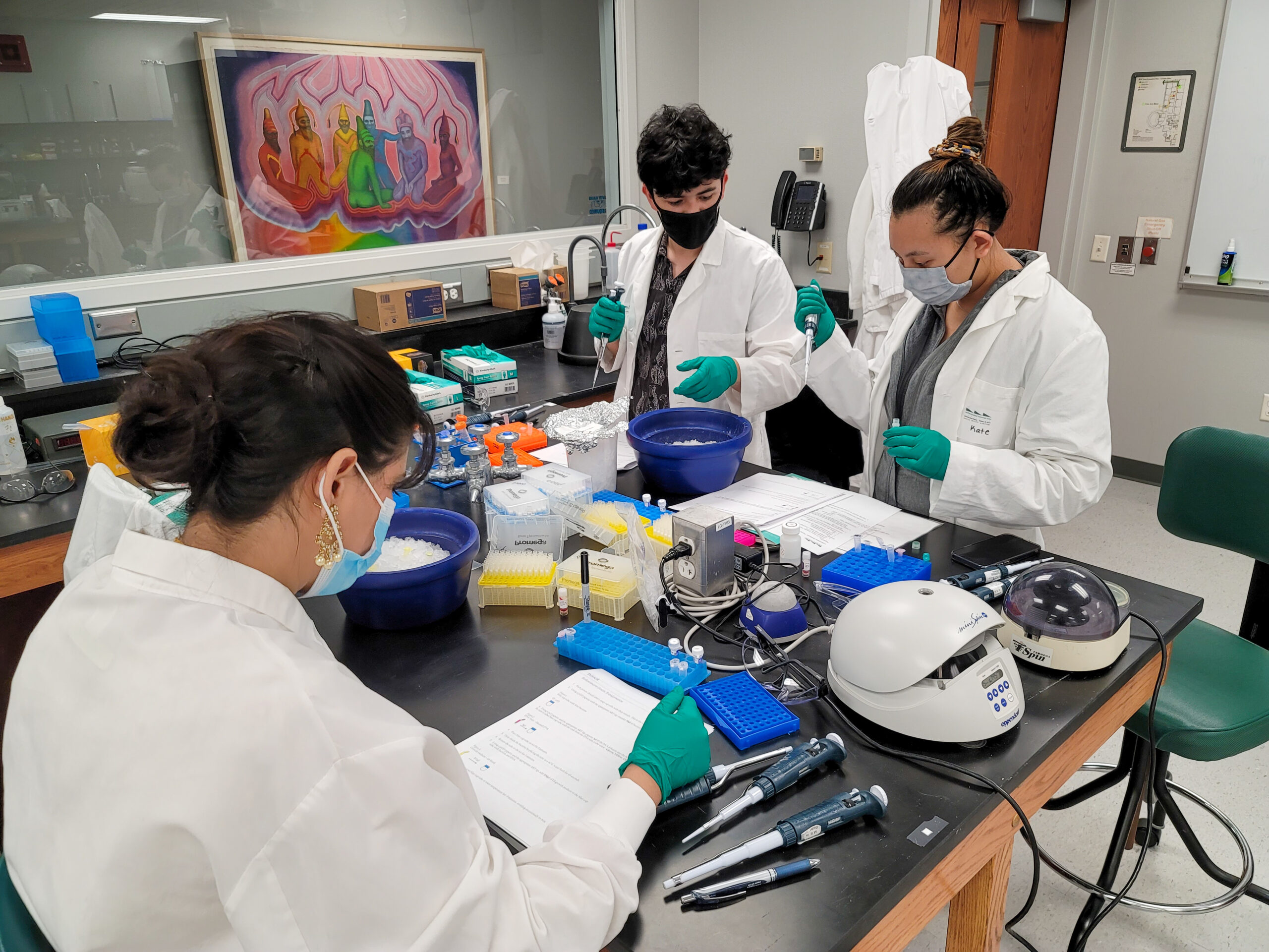 Three students wearing white lab coats, face masks, and green surgical gloves work at a lab table.