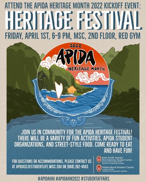 Poster for the APIDA Heritage Festival, featuring an illustration of a green mountainous shoreline next to a sea with a sailboat in the water. Words share event details which can be found in this post.