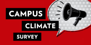 Illustration of a bullhorn inside a cartoon speech bubble with bold black and white words reading "Campus Climate Survey"