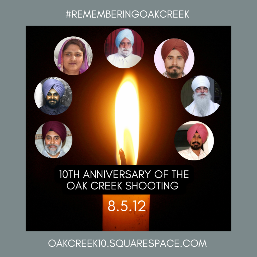 A graphic showing the faces of the victims of the 2012 Sikh Temple shooting surrounding a lit candle with the words “#RememberingOakCreek 10th anniversary of the Oak Creek Shooting 8.5.12. oakcreek10.squarespace.com”