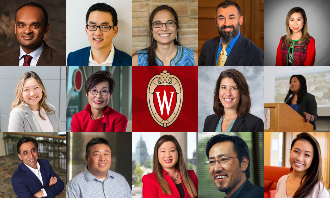Grid collage of headshot photos of Asian American people with the UW–Madison crest at center