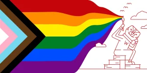 Illustration of a Progress Pride flag with rainbow, black, brown, white, blue and pink bars dissolving into a line drawing of Bucky Badger sitting.