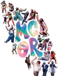 Colorful cutout images of students performing dances surrounding psychedelic bubble letters reading MCOR