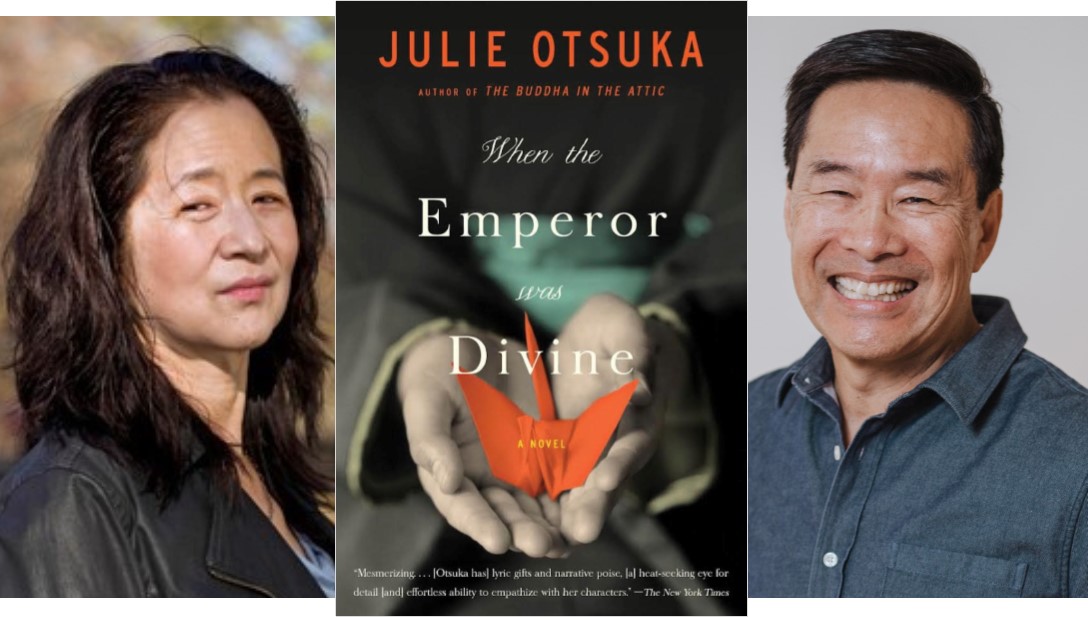 Headshot portraits of a woman and main on the left and right sides of the cover image of the book "When the emperor was divine" by Julie Otsuka.