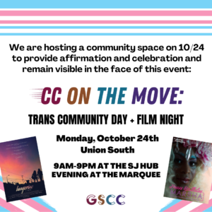Poster for the event with trans flag colors and text which can be found in this web post.