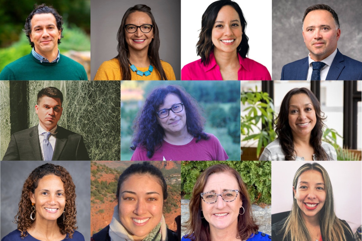 A collage with portrait headshot photos of 10 people arranged surrounding the UW–Madison crest.