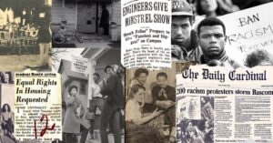 A collage of historical photos and newspaper clippings from events at the University of Wisconsin–Madison.
