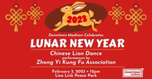 Poster for the downtown Madison Lunar New Year festival, featuring an illustration of a rabbit and Chinese decorations.