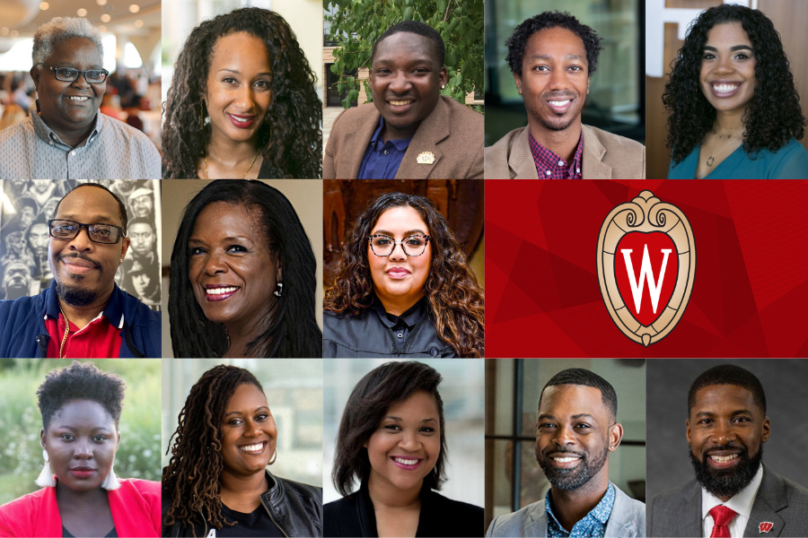Collage with headshot photos of thirteen Black men and women along with the UW–Madison crest.