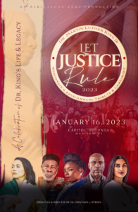 Cover for the printed program of the 2023 Wisconsin state tribute to Martin Luther King. Colored red and gold with images of Black men and women with the words "Let Justice Rule."