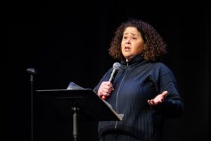 Writer and actress Anna Deavere Smith speaks during the 2024 MLK Symposium in Shannon Hall in the Wisconsin Union Theater at the University of Wisconsin–Madison on Jan. 31, 2024. (Photo by Jeff Miller / UW–Madison)